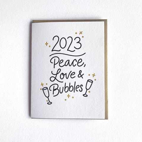 2023 New Years Card, Letterpress Peace Love & Bubbles
